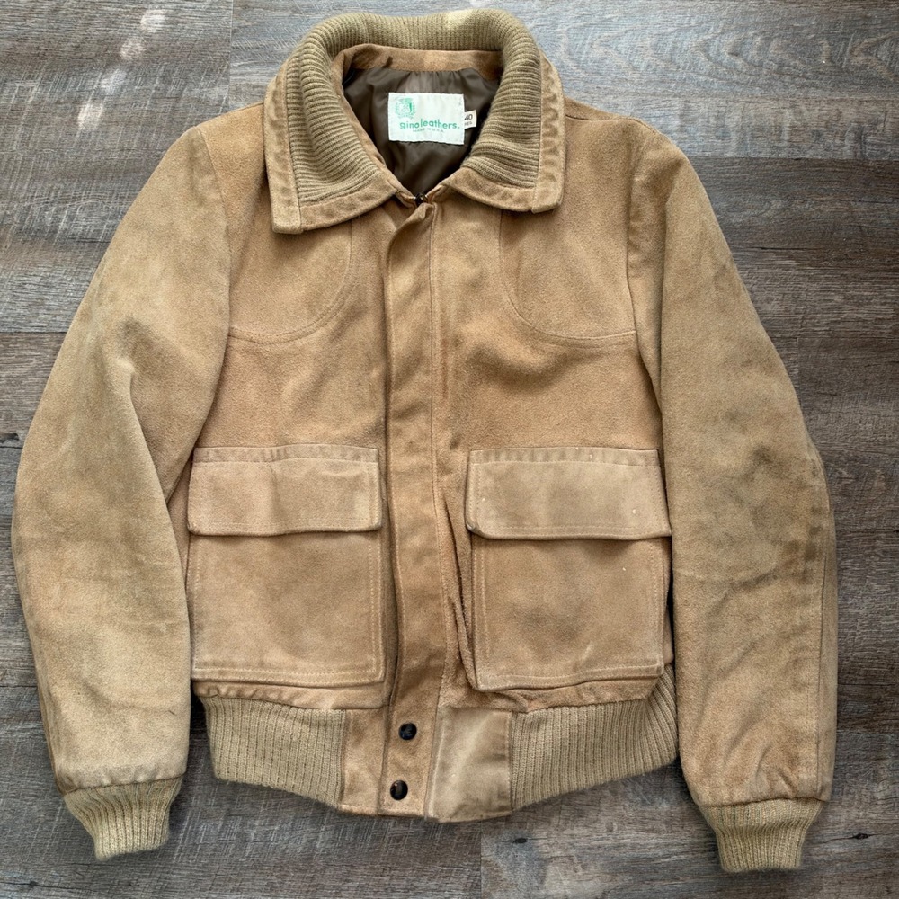 Gino Leathers Suede Bomber Jacket 40 Regular Tan Brown Genuine Leather USA Made